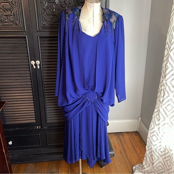 Vtg 80s Blue Draped‎ DECO Beaded FLAPPER Dynasty Party Gatsby Cocktail Dress 14 - Picture 2 of 8